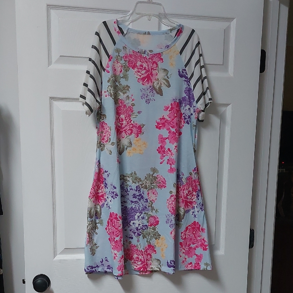 White and Pink Casual A-Line Midi Dress